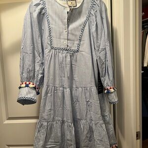 Tuckernuck Blue Striped Dress with Pom-Pom Details